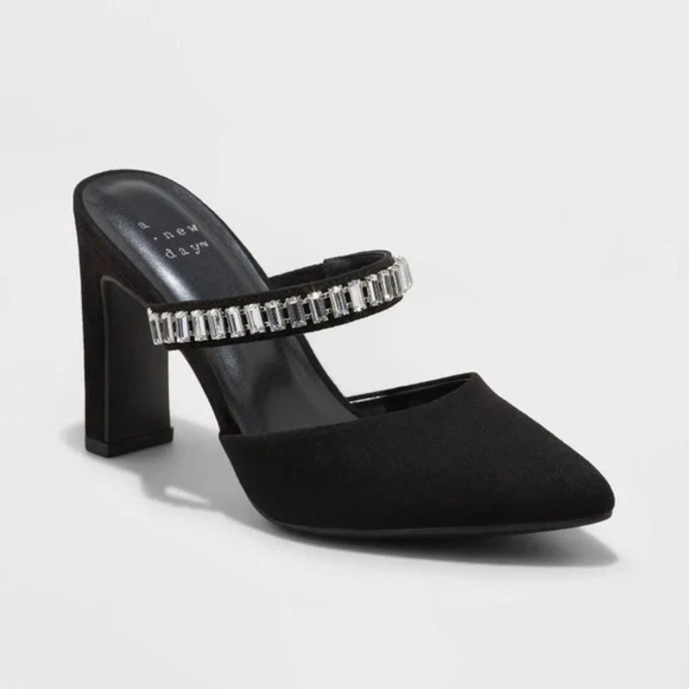 A New Day Jaz black rhinestone slip on mule heels